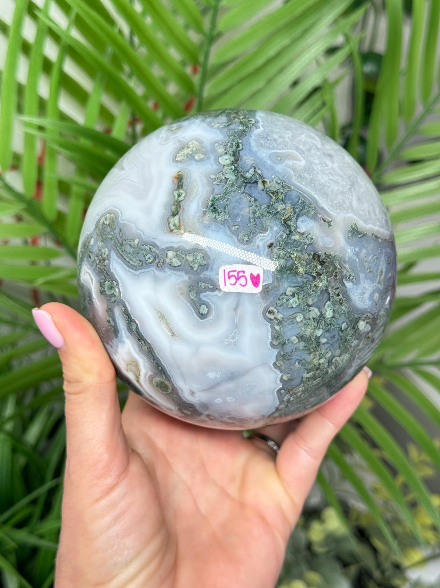 XXL moss agate sphere. 108mm and weighs 4lbs. Includes free sphere stand