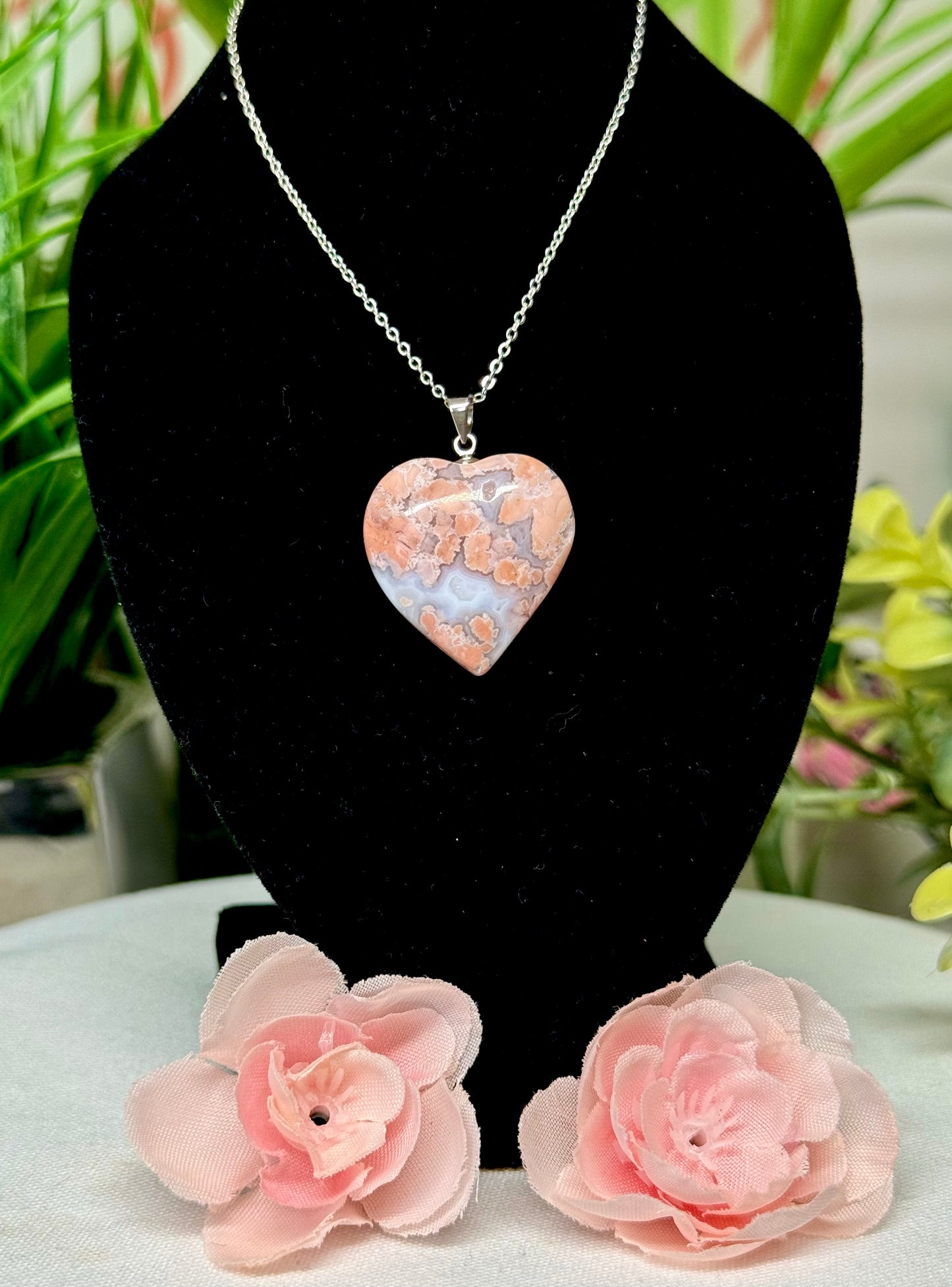 Pink agate heart necklace. S925 plated copper with 18” and under adjustable pull clasp chain