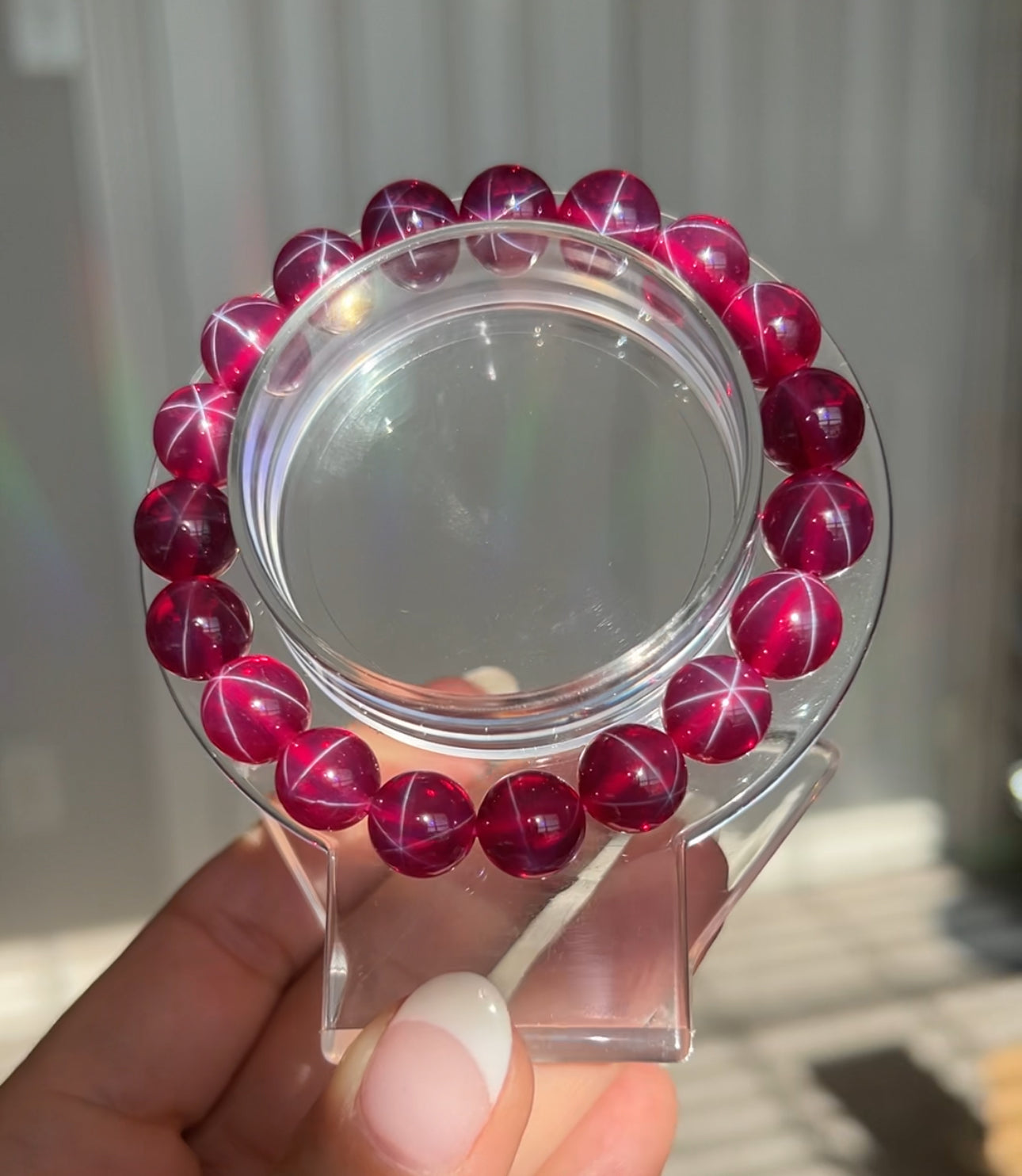 Lab created 6 star point Ruby bracelets. 10mm and 6mm available. Please select bead size from options