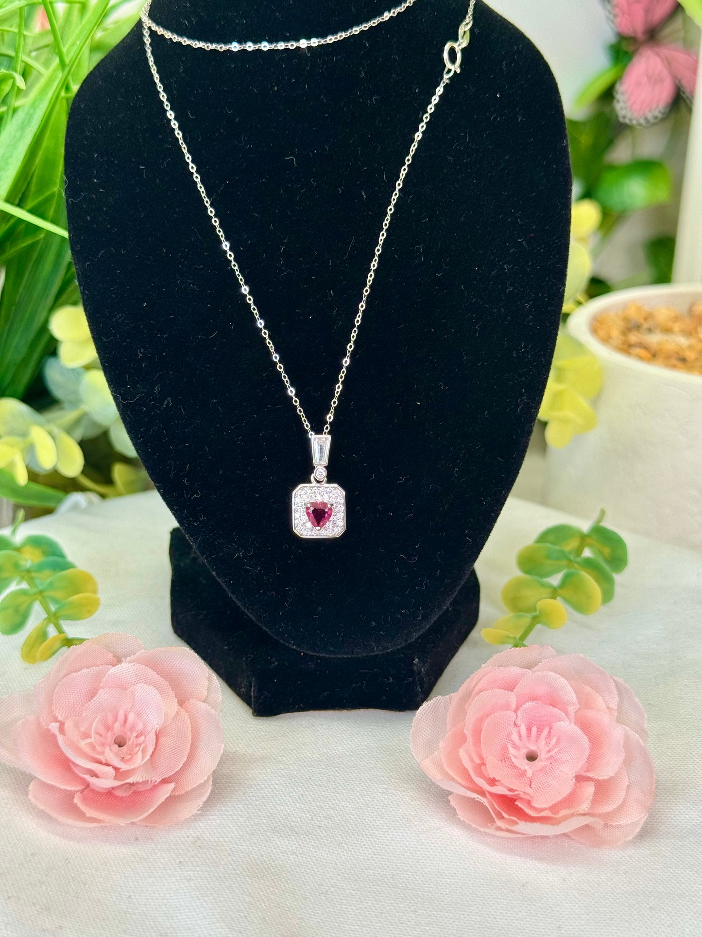 Pink tourmaline heart box necklace. S925 sterling silver chain and pendent. 17” chain