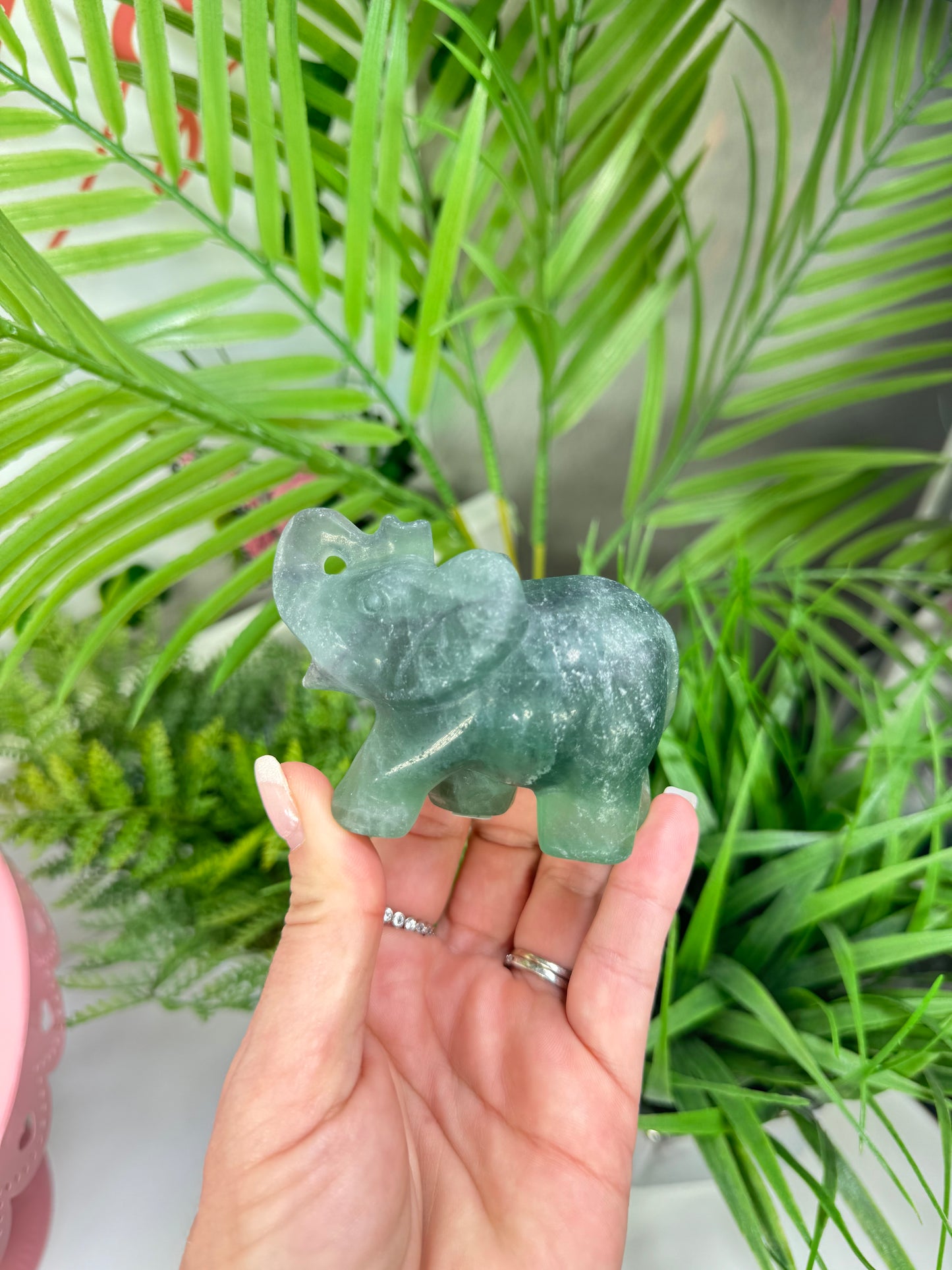 Larger size green fluorite elephant carving