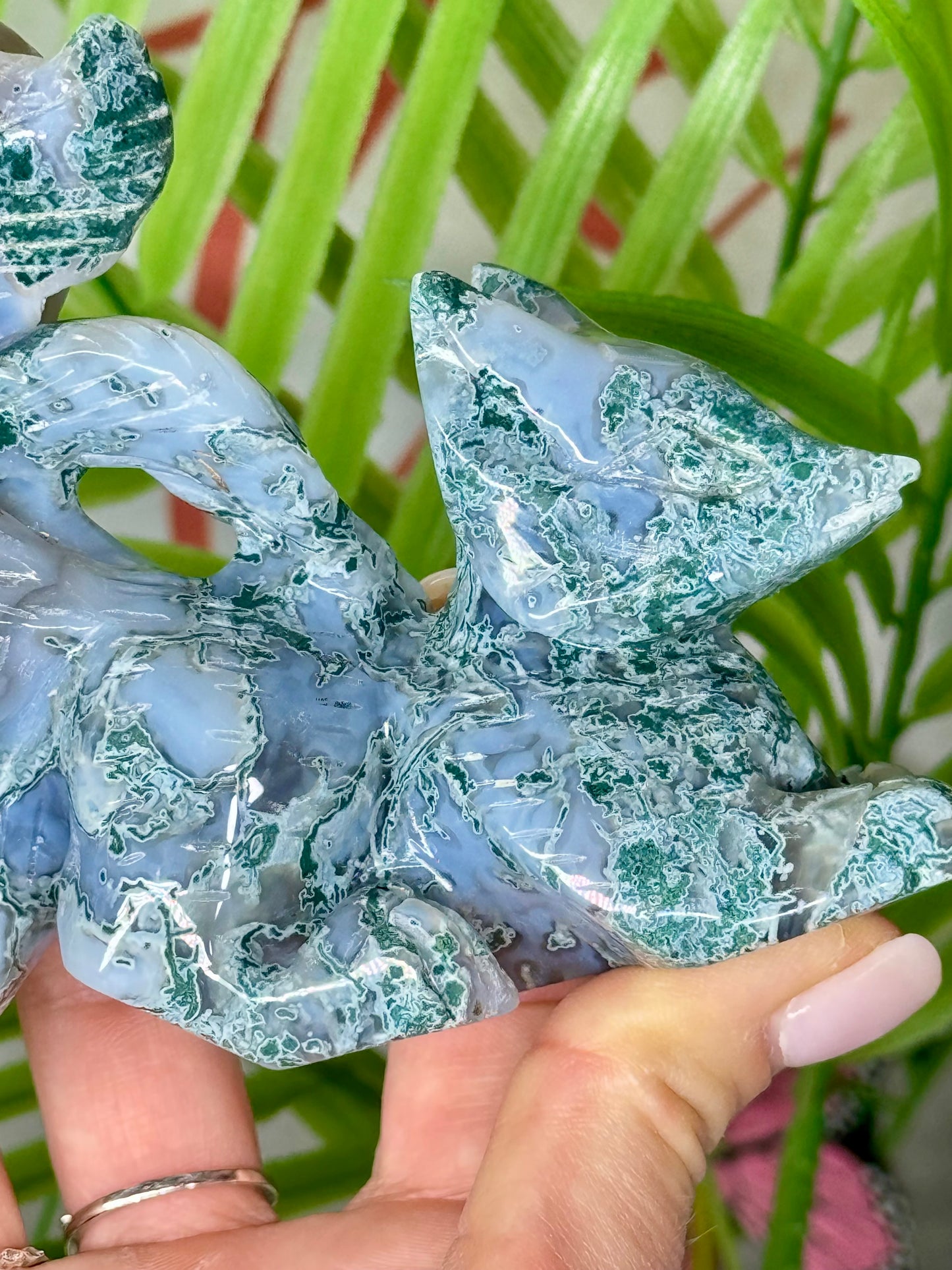 XL moss agate Kitsune. Measures 6” wide by 5” tall