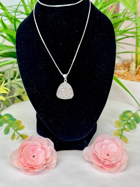 Aura druzy Quartz necklace with adjustable chain 18” and smaller, silver plated copper