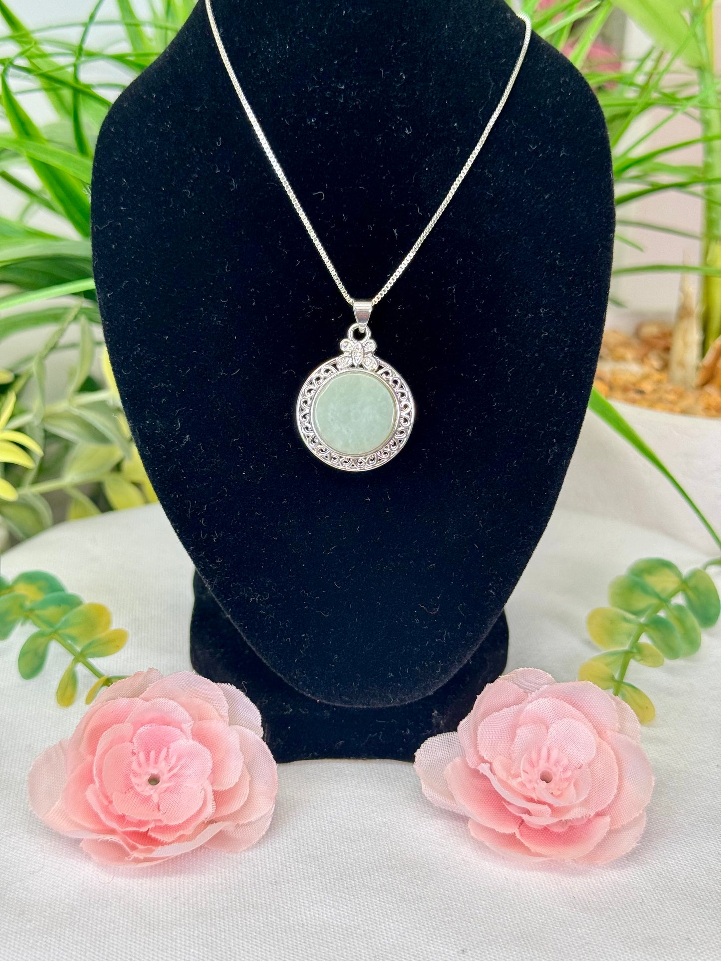 Jade disc necklace with adjustable chain 18” and smaller, silver plated copper