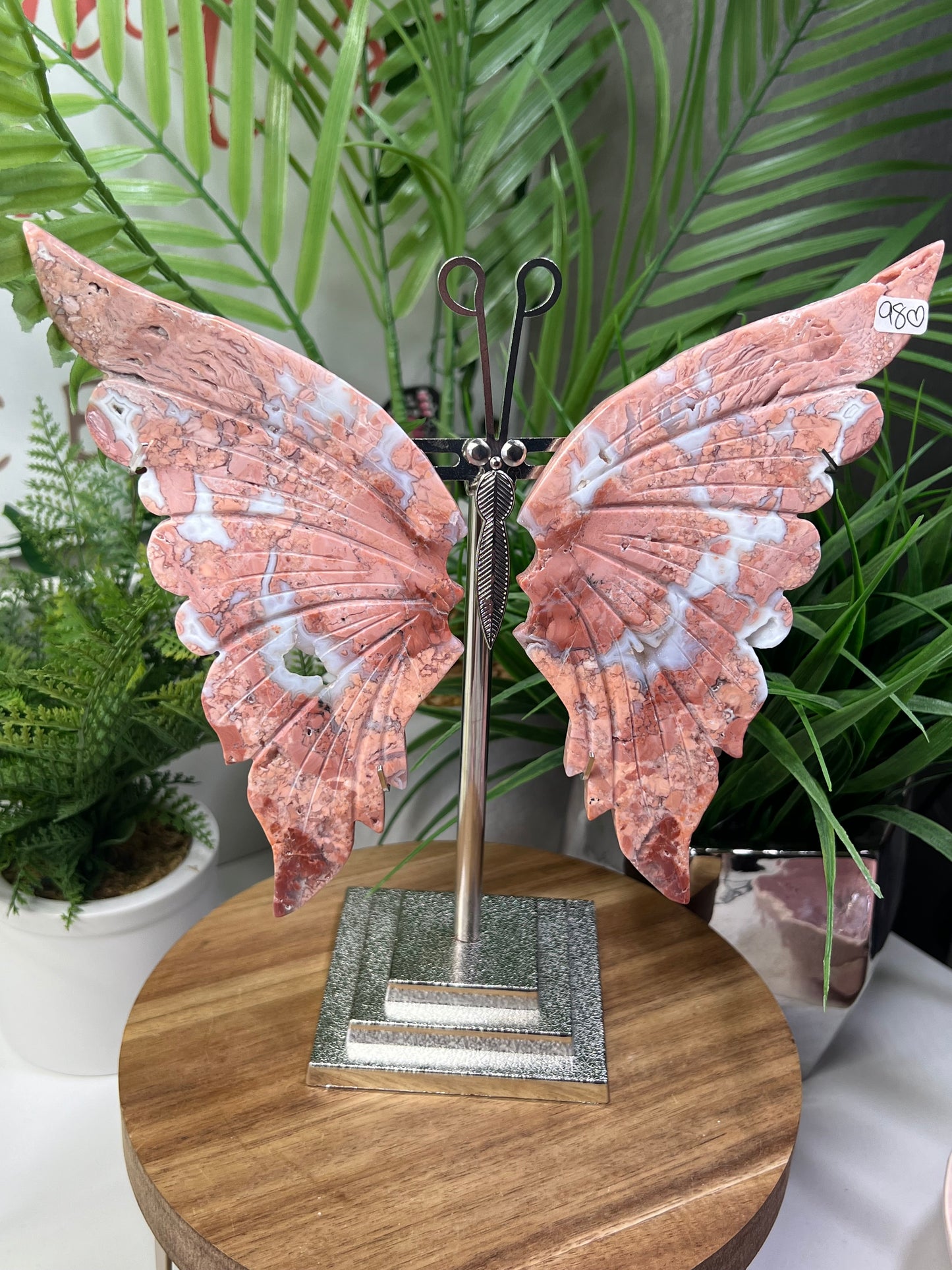 XL pink agate butterfly wings with stand included