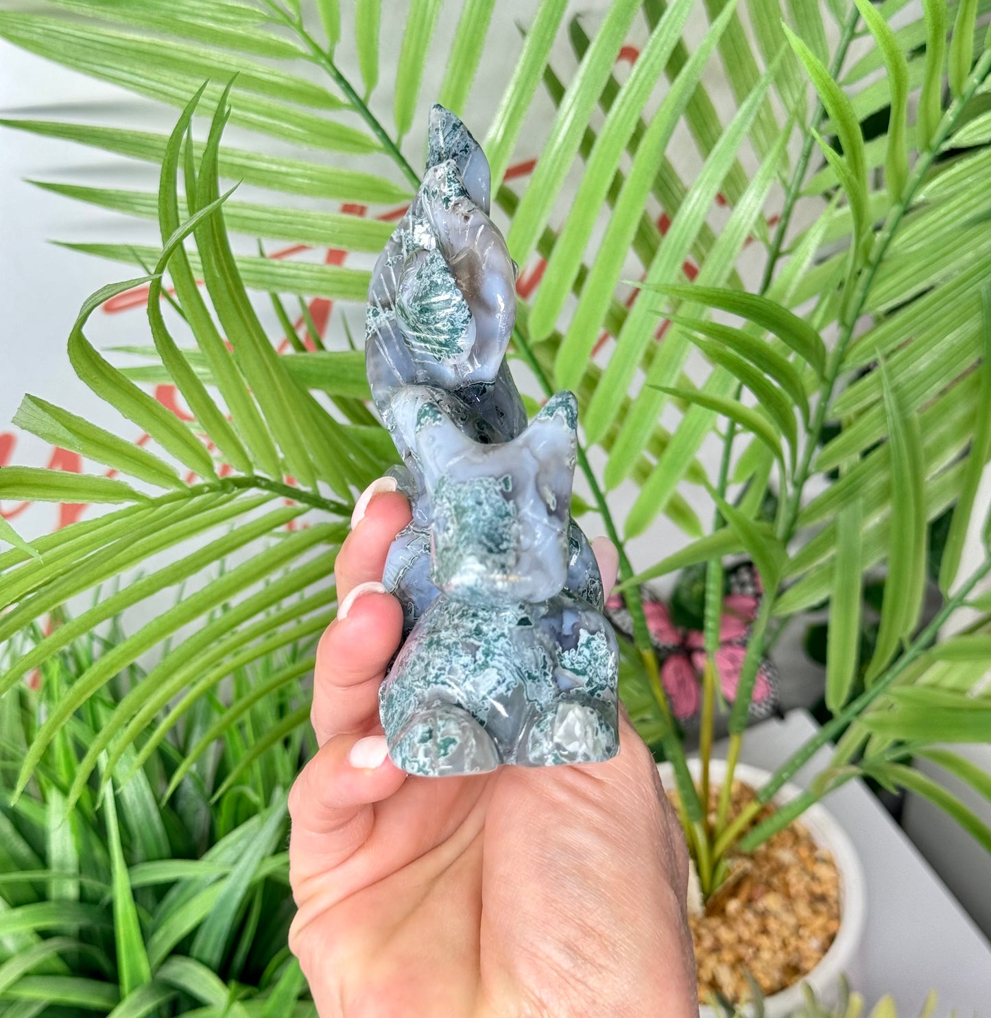 XL moss agate Kitsune. Measures 6” wide by 5” tall