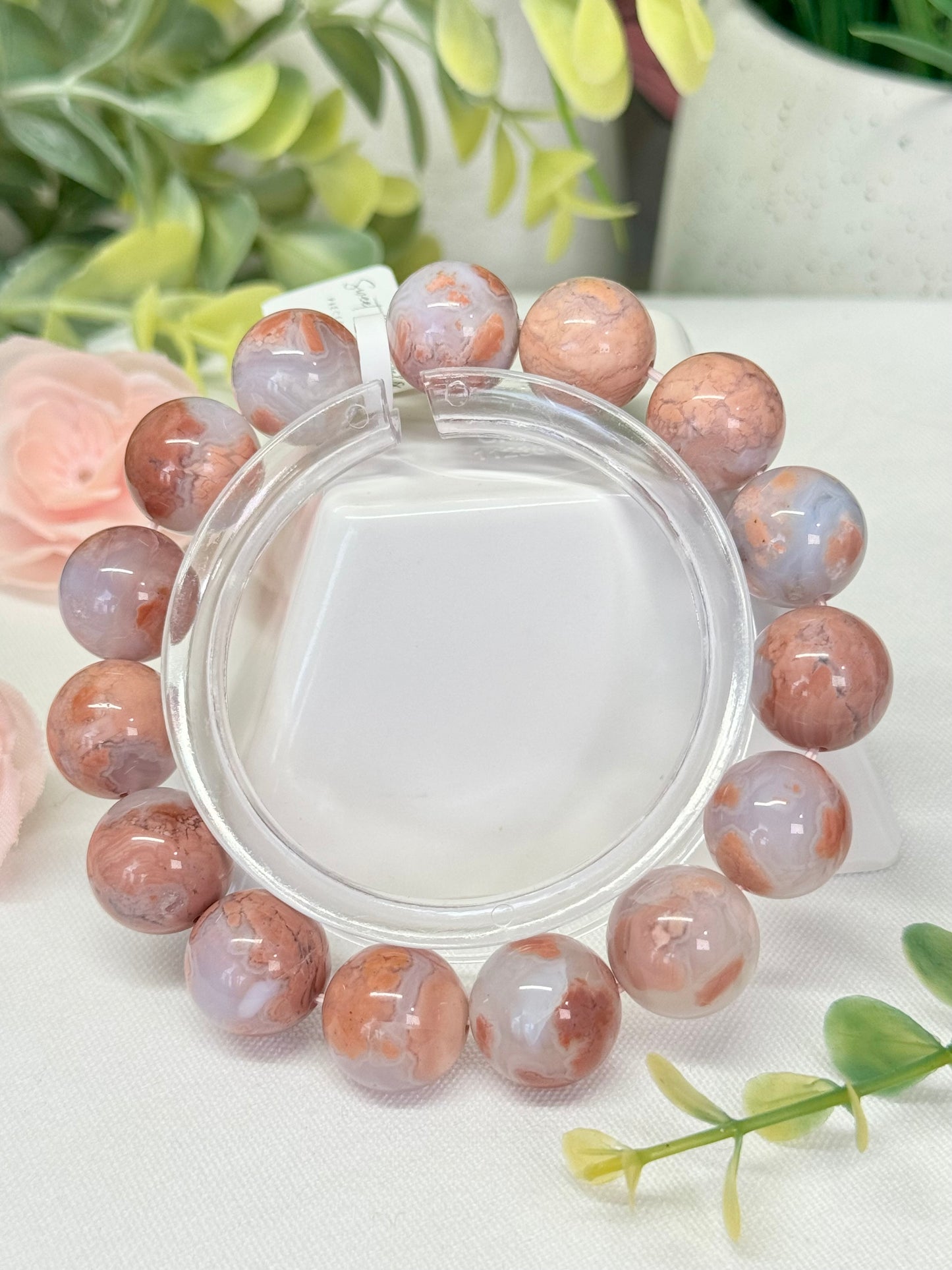 Pink agate/cotton candy agate bracelet. 13.6mm beads. Size 7” can be resized