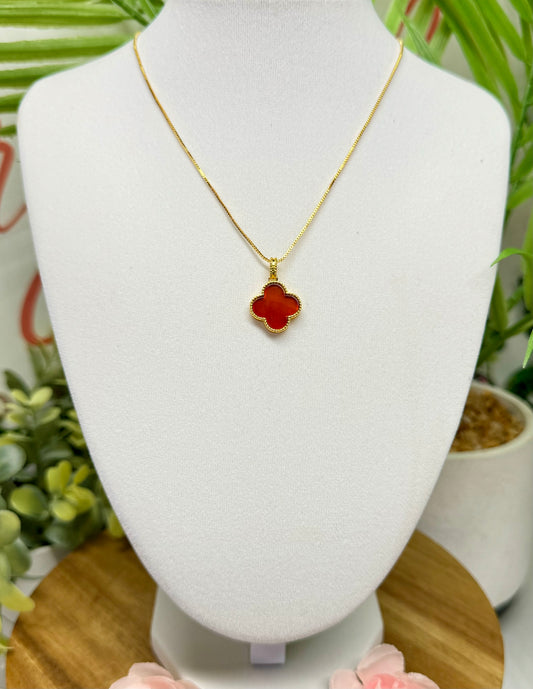 Carnelian clover necklace. Gold plated copper with 18” and under adjustable chain