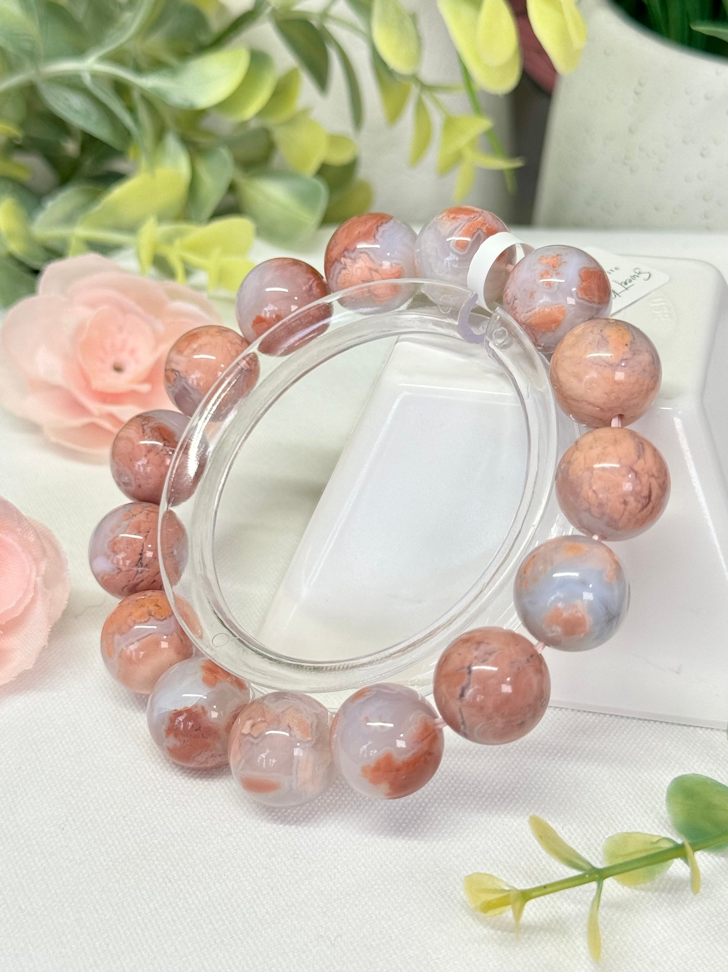 Pink agate/cotton candy agate bracelet. 13.6mm beads. Size 7” can be resized