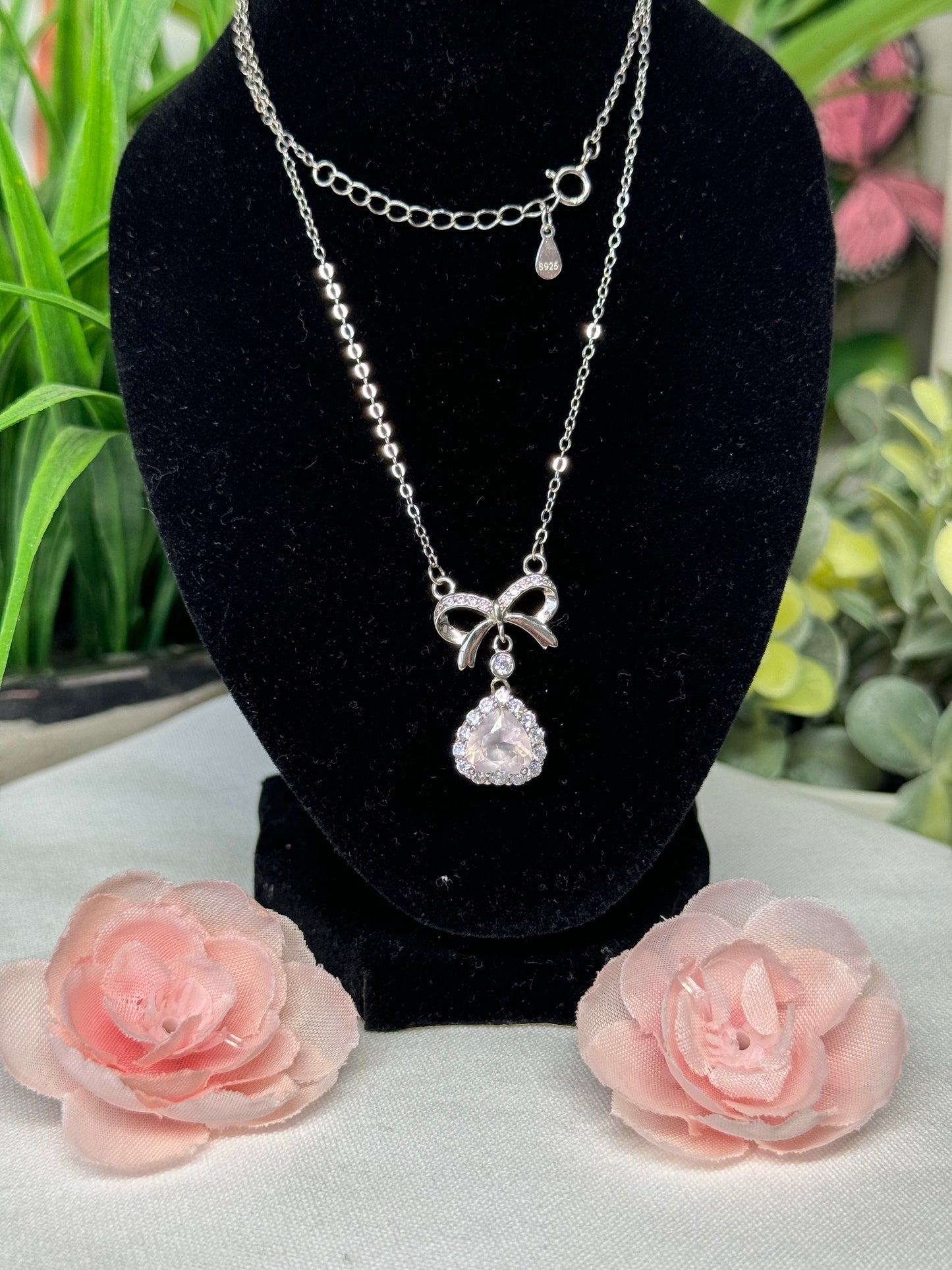 Madagascar rose Quartz heart with bow necklace. S925 sterling silver with 16.5-18” adjustable chain