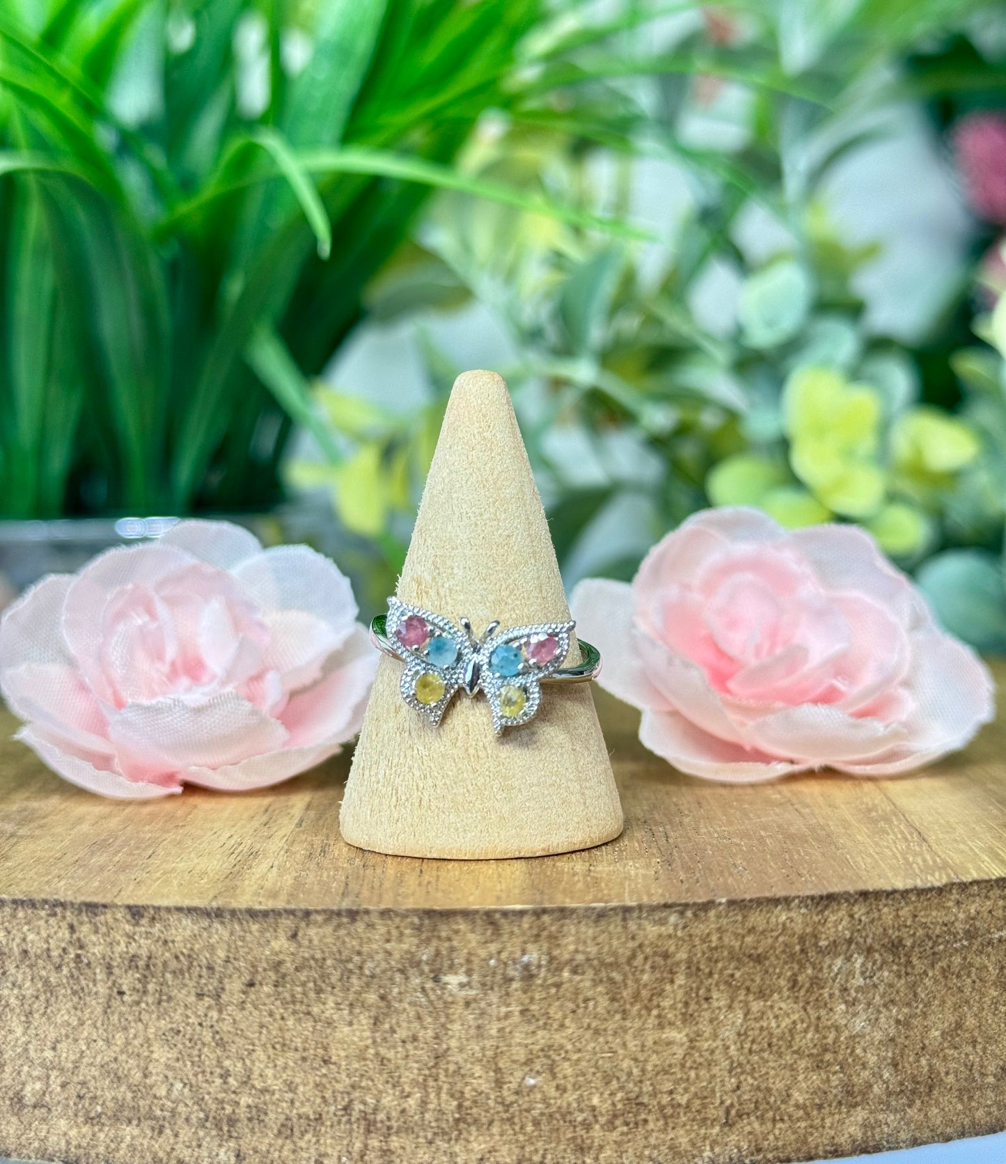 Rainbow tourmaline butterfly ring. S925 plated copper and adjustable