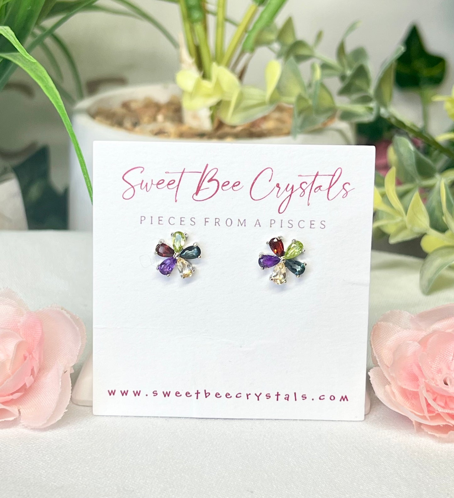 Multi stone flower earrings. S925 sterling silver and includes silicon backs