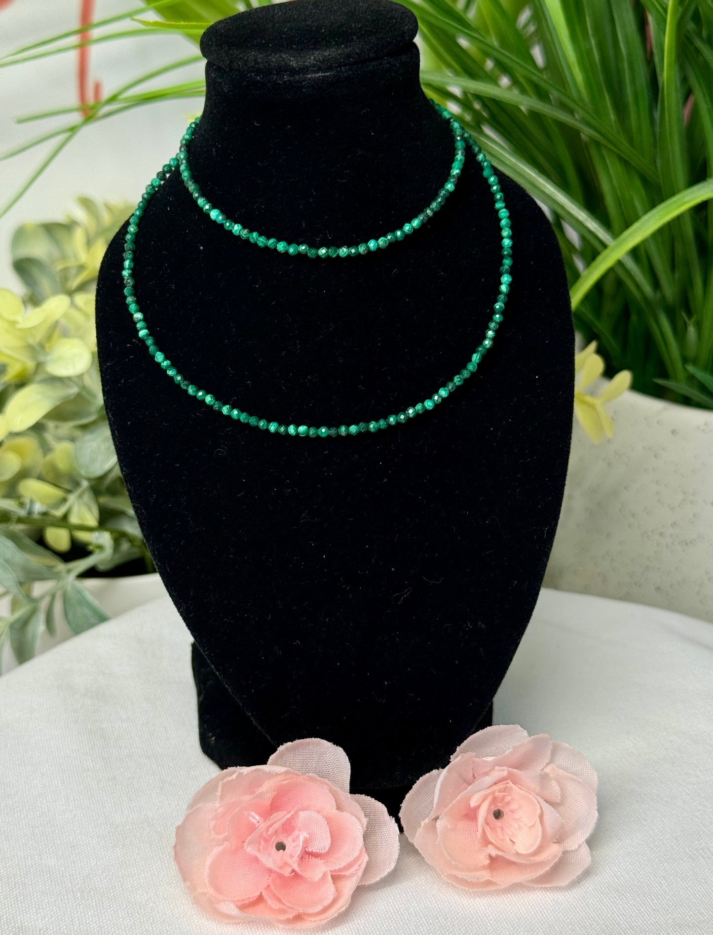 Malachite faceted beaded necklace. Adjustable size 16-18.5” with silver plated copper chain