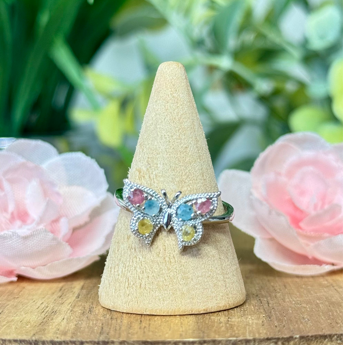 Rainbow tourmaline butterfly ring. S925 plated copper and adjustable