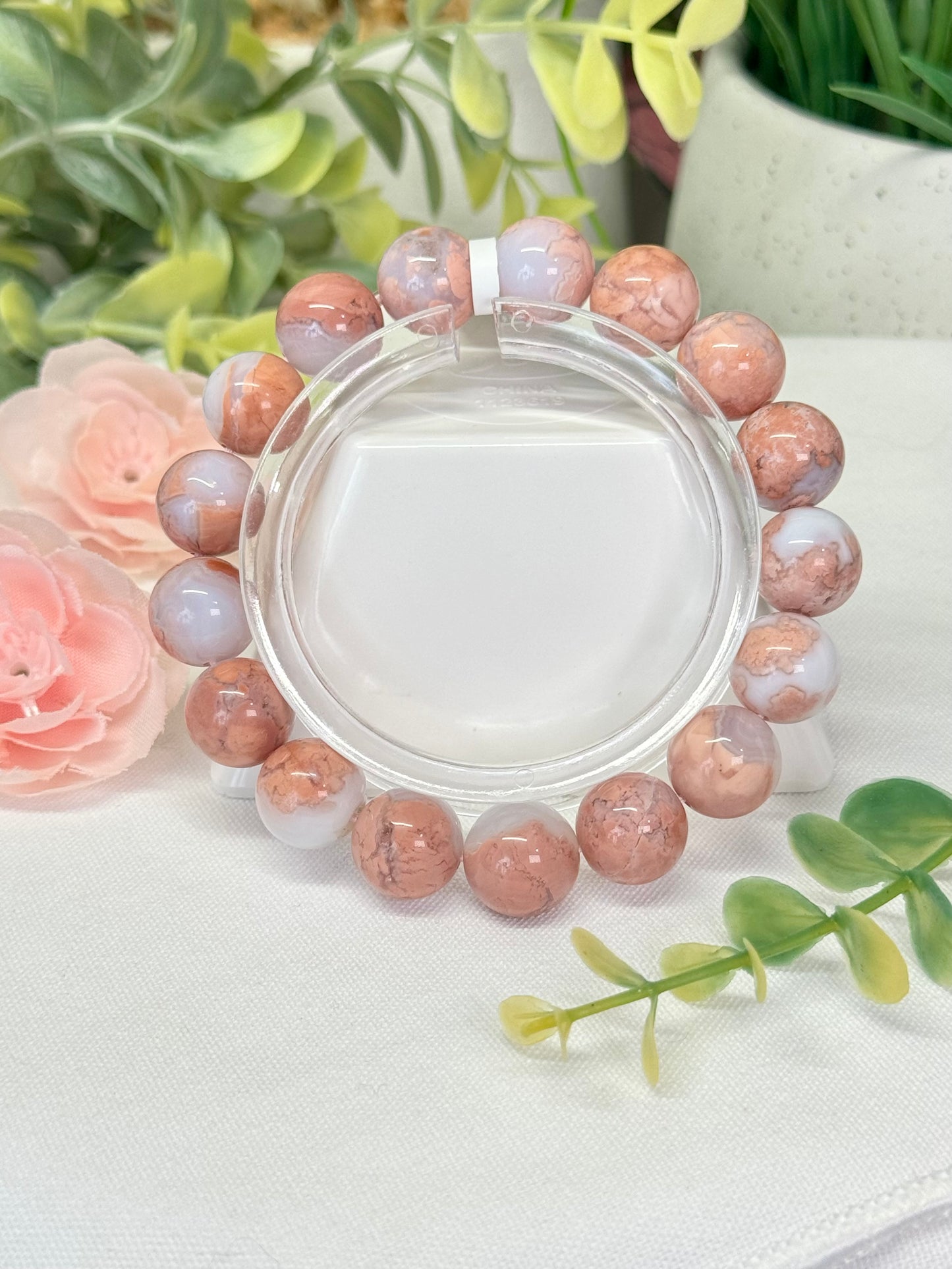 Pink agate/cotton candy agate bracelet. 12.4mm beads. Size 7” can be resized