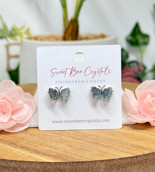 Green/blue fluorite butterfly earrings. Silver plated copper and includes silicon earring backs.