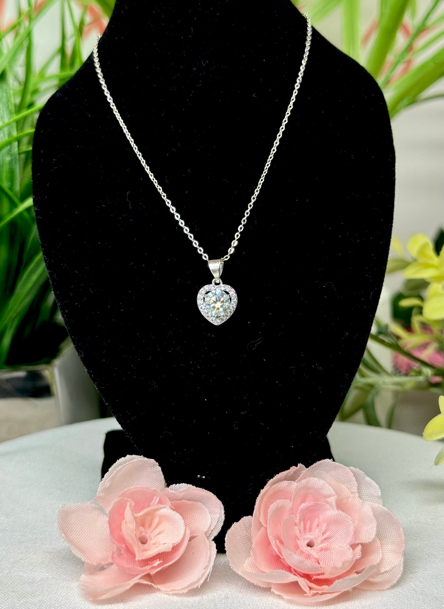 Moissonite heart necklace. S925 plated copper and adjustable 18” and under pull-clasp chain