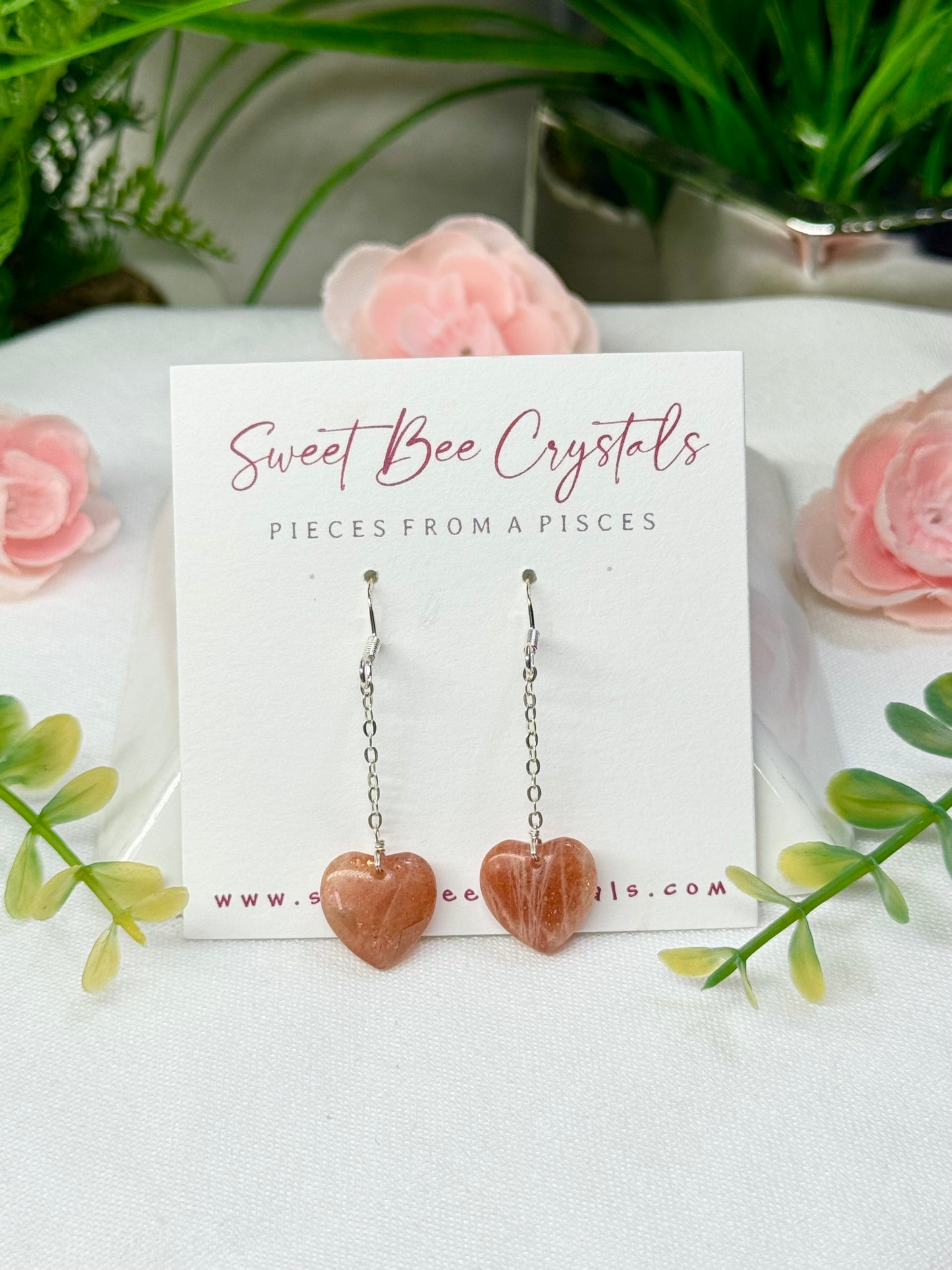 Sunstone heart dangle earrings s925 sterling silver comes with silicone backs