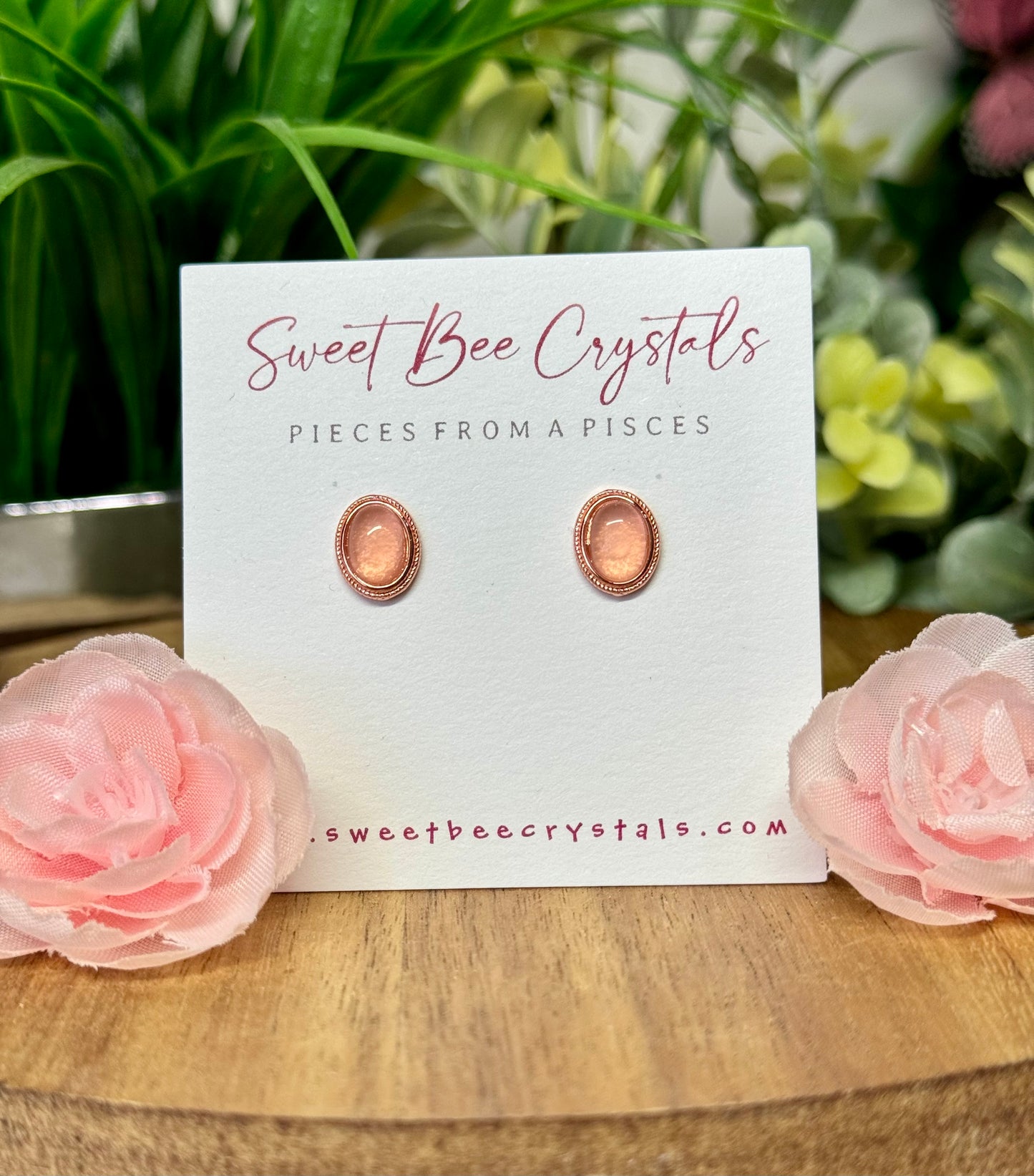 Star rose Quartz earrings with rose gold plated hardware and silicon backs