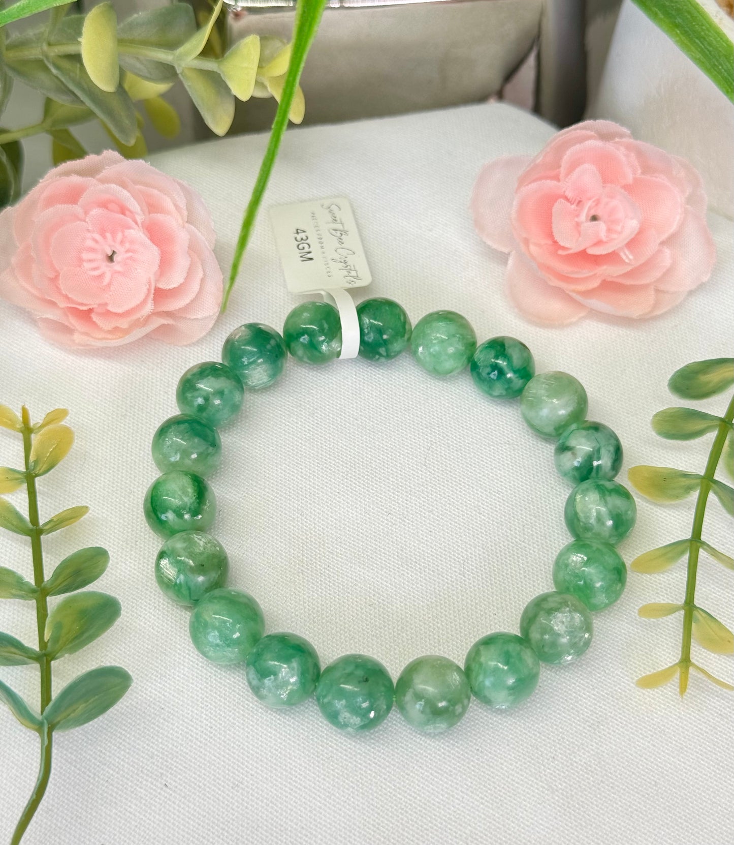 Emerald Muscovite bracelet. 10.5mm beads. Fits wrist size 7.5”. Can be resized, please see description