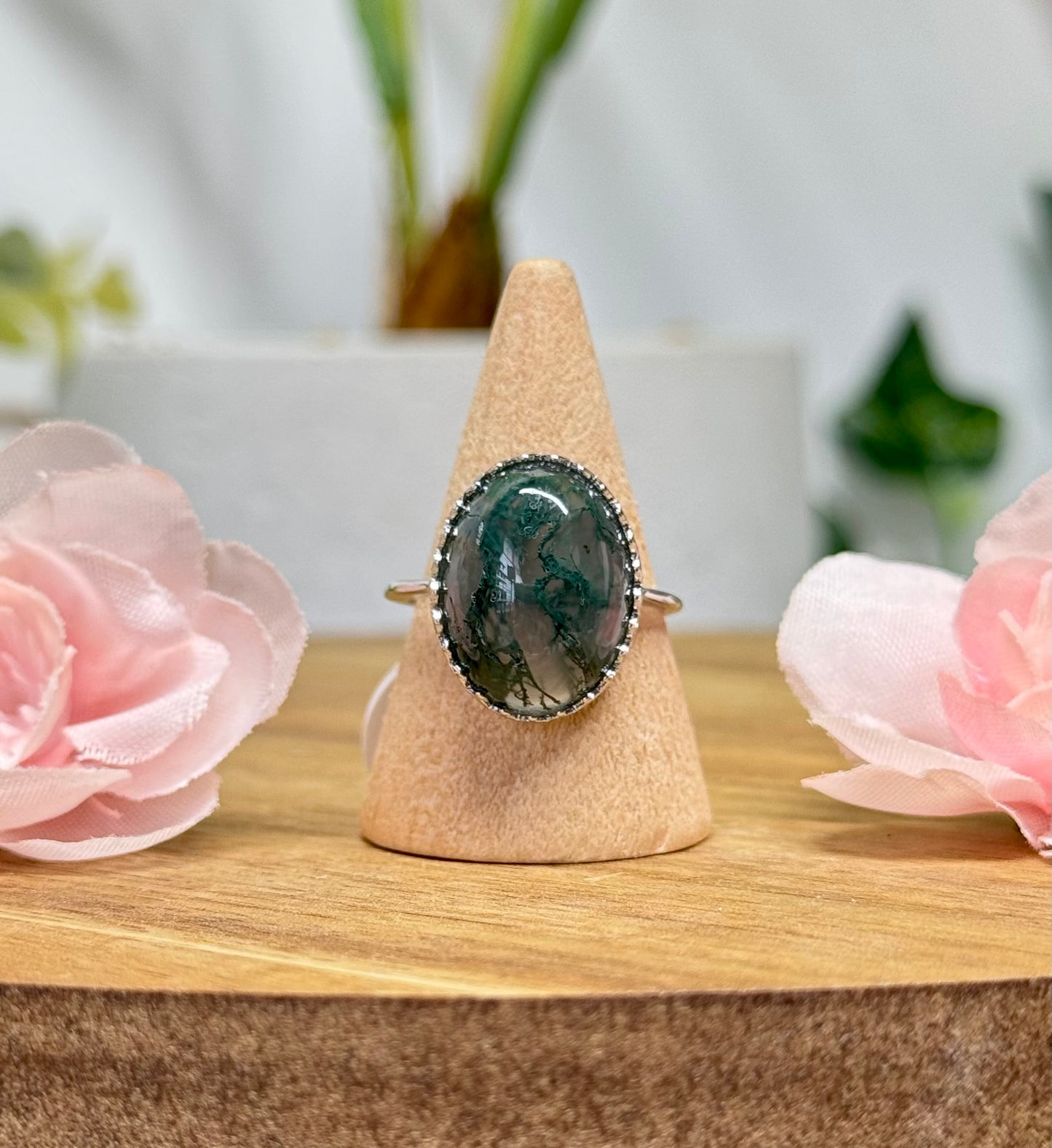 Moss agate statement ring. Silver plated copper and adjustable to fit size 5-10