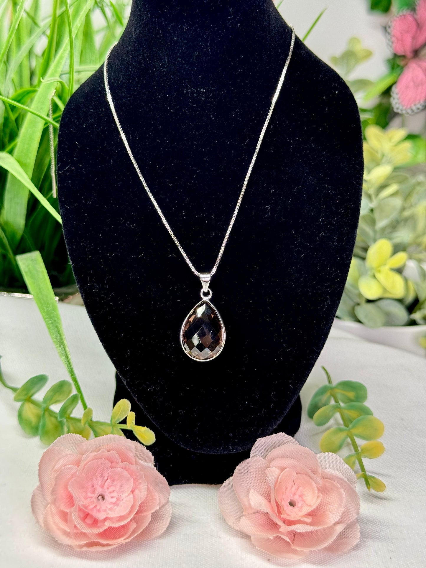 Smokey Quartz faceted tear drop necklace with adjustable chain 18” and smaller. S925 plated copper