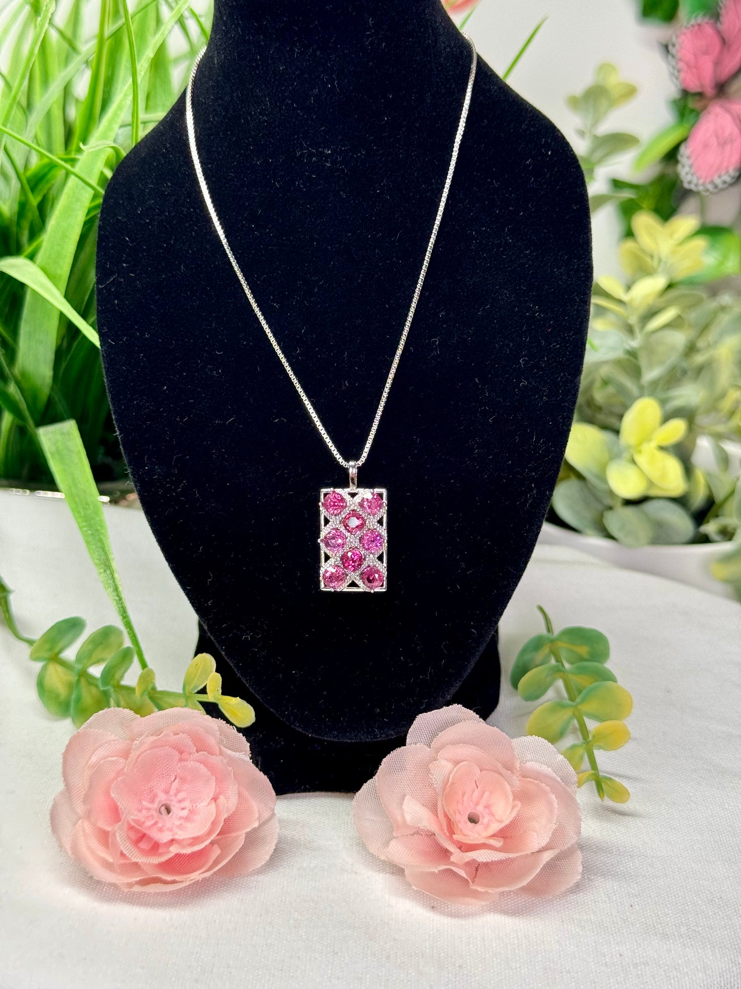 Pink tourmaline multi-stone necklace with adjustable chain 18” and smaller. S925 plated copper