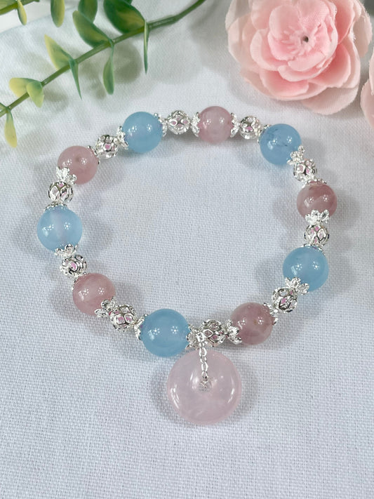 Rose Quartz donut charm with rose Quartz and aquamarine beads design bracelet (elastic)