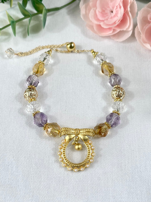 Citrine and amethyst faceted beads design bracelet with gold wreath charm detail (adjustable)