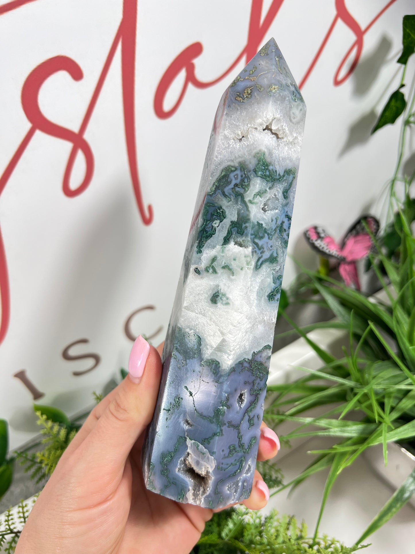 Large moss agate tower