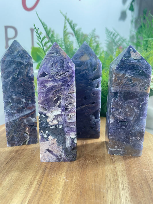 Dark purple sphalerite obelisks/towers