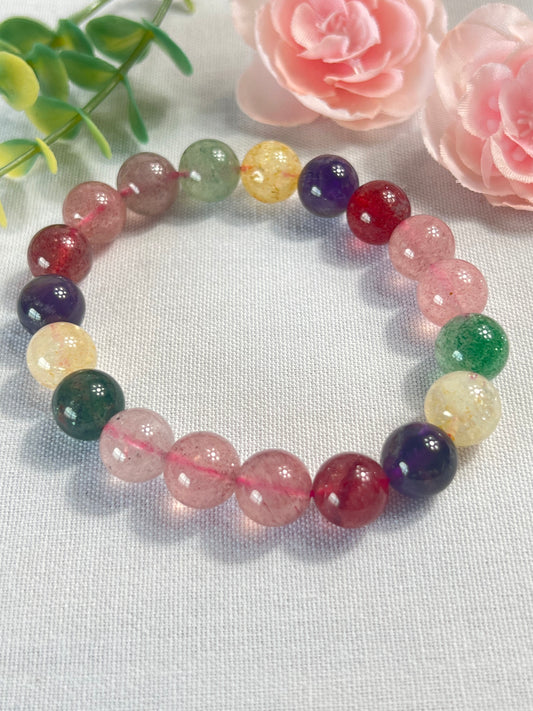 Mixed color strawberry quartz bracelet 10mm beads (elastic)