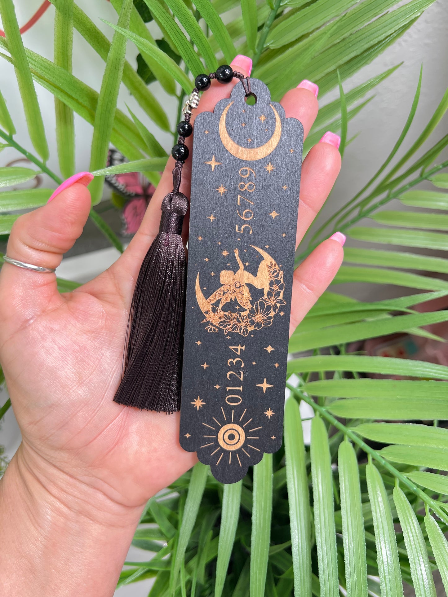 Wooden bookmark with black obsidian beads