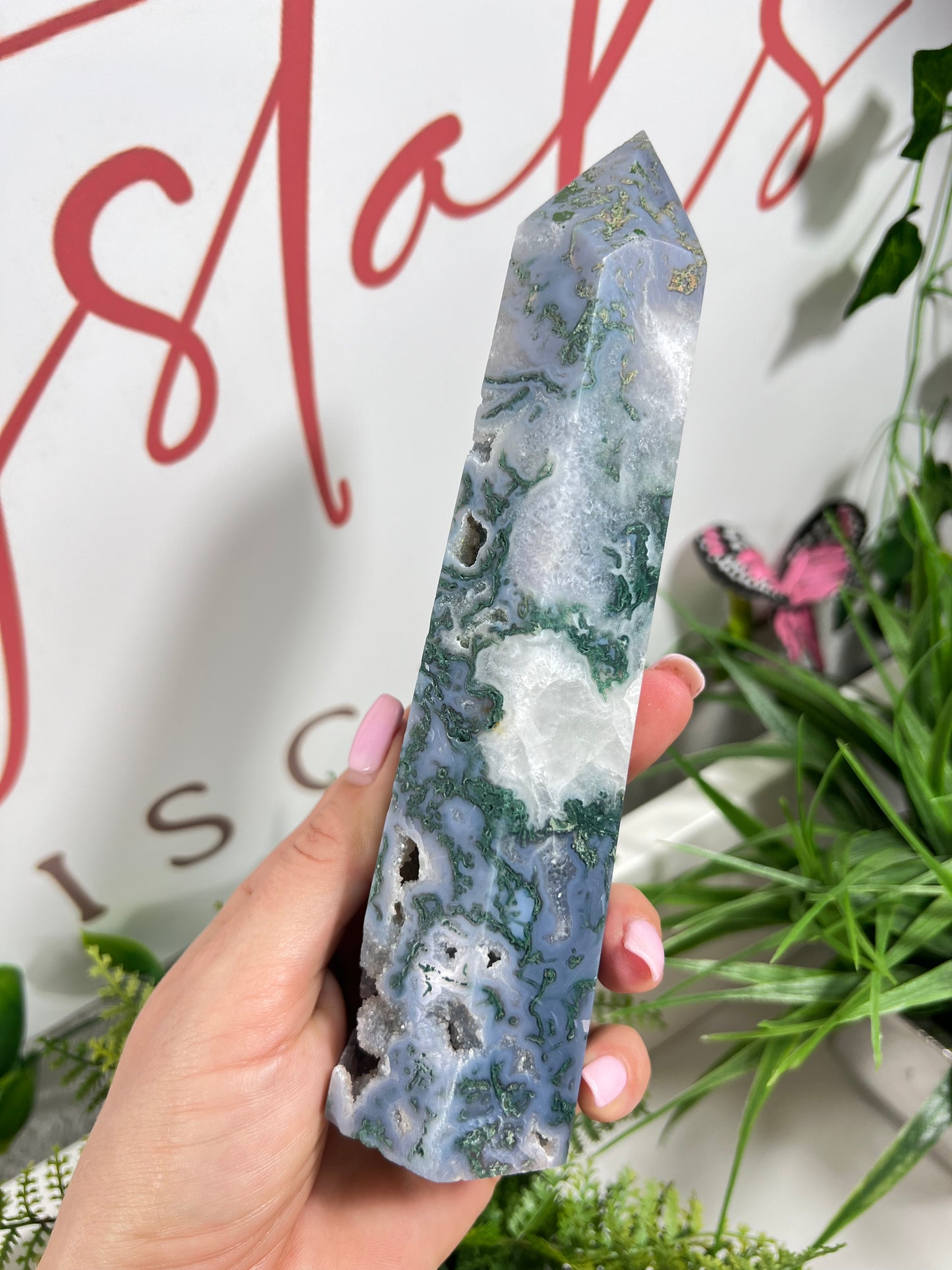 Large moss agate tower